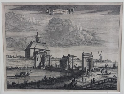 Lot 1222 - Set of six late 17th century copper plate engravings by Caspar Commelin, The Poortas/Gates of Amsterdam, published by Wolfgang, Waasberge, Van Someren en Goethals, Amsterdam 1693, 27.5cm x 36cm, in...