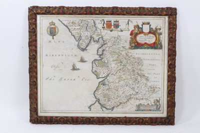 Lot 744 - Johannes Blaeu: ' Lancastria Palatinatus Anglis Lancaster et Lancasshire, hand coloured engraved map, circa 1645, 40 x 51cm, in gilt frame