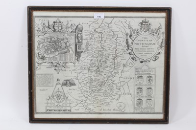 Lot 746 - A 17th Century John Speede engraved map of 'The Countie of Nottingham', Sold in Popes head Alley by John Sudbury and Greg Humble, 1610, English text verso, 38 x 50cms, glazed frame