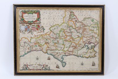 Lot 747 - Schenk & Valk, 17th century hand tinted engraved map:  'Comitatus Dorcestria vulgo Anglice Dorset Shire', circa 1683, 37 x 48cm, glazed frame