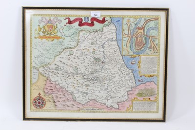 Lot 748 - John Speede, 17th century hand coloured engraved map: The Bishoprick and Citie of Durham, published Thomas Bassett and Chiswell, 37 x 50cm, glazed frame