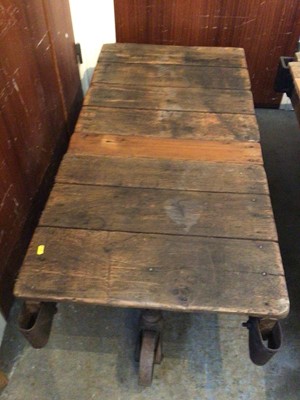 Lot 2644 - Combined Vintage pine and cast iron Lineberry railway station porters trolley, 135cm in length