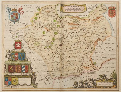 Lot 749 - Johannes Blaue hand coloured engraved map: 'Leicestrensis Comitatus. Leicester Shire', 38 x 50cm, Latin text verso, glazed frame