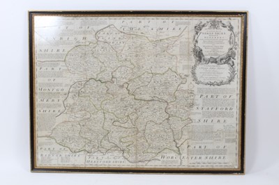 Lot 750 - Emmanuel Bowen, hand tinted map: 'An accurate map of Shropshire divided into its Hundreds', published 1751, 53 x 70cm, glazed frame