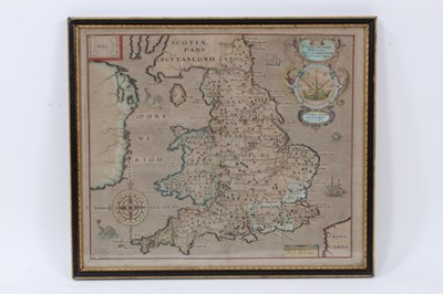 Lot 752 - Christopher Saxton and William Hole, hand coloured engraved map: 'Englalond Anglia Anglosaxonum Heptarchia' 28 x 32cm, glazed frame