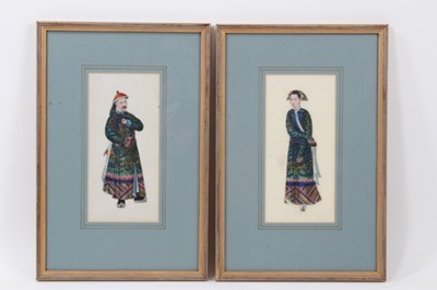 Lot 758 - Pair of 19th century Chinese paintings on rice paper, depicting nobles, each wearing dragon robe, 21 x 11cm, glazed frame