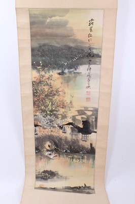 Lot 759 - Chinese scroll painting, depicting birds and blossom, signed, image 145 x 45, together with two further oriental scrolls