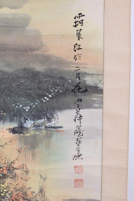 Lot 759 - Chinese scroll painting, depicting birds and blossom, signed, image 145 x 45, together with two further oriental scrolls