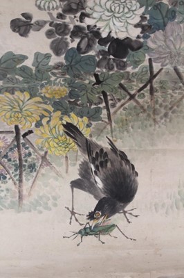 Lot 759 - Chinese scroll painting, depicting birds and blossom, signed, image 145 x 45, together with two further oriental scrolls