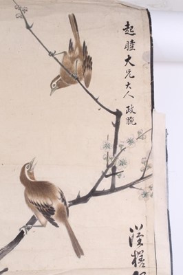 Lot 759 - Chinese scroll painting, depicting birds and blossom, signed, image 145 x 45, together with two further oriental scrolls