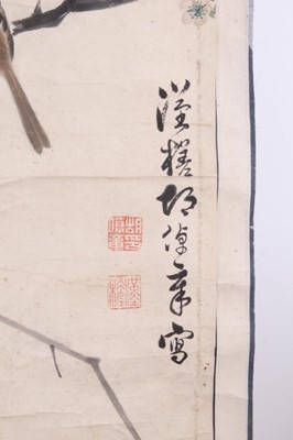 Lot 759 - Chinese scroll painting, depicting birds and blossom, signed, image 145 x 45, together with two further oriental scrolls