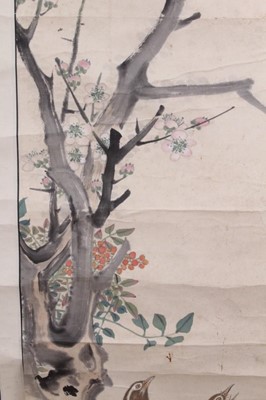 Lot 759 - Chinese scroll painting, depicting birds and blossom, signed, image 145 x 45, together with two further oriental scrolls