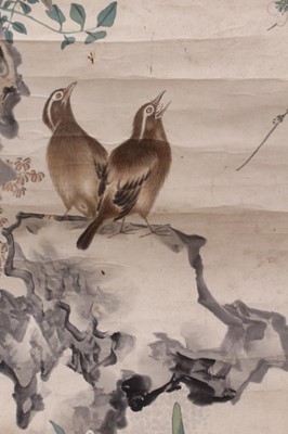 Lot 759 - Chinese scroll painting, depicting birds and blossom, signed, image 145 x 45, together with two further oriental scrolls