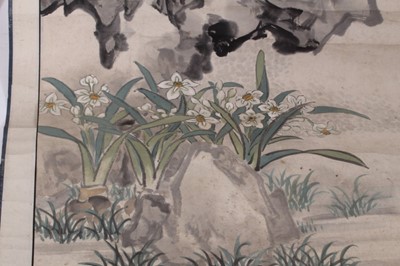 Lot 759 - Chinese scroll painting, depicting birds and blossom, signed, image 145 x 45, together with two further oriental scrolls