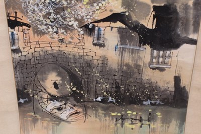 Lot 759 - Chinese scroll painting, depicting birds and blossom, signed, image 145 x 45, together with two further oriental scrolls