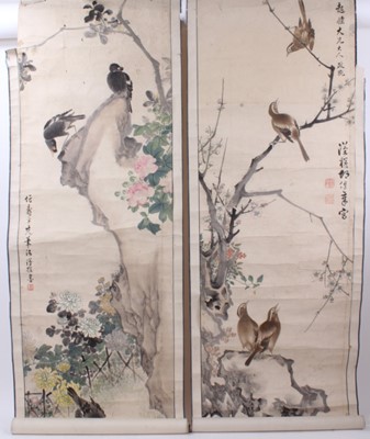 Lot 759 - Chinese scroll painting, depicting birds and blossom, signed, image 145 x 45, together with two further oriental scrolls