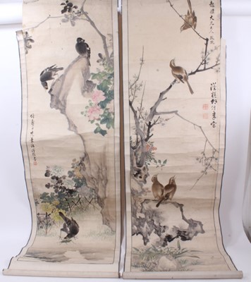 Lot 759 - Chinese scroll painting, depicting birds and blossom, signed, image 145 x 45, together with two further oriental scrolls