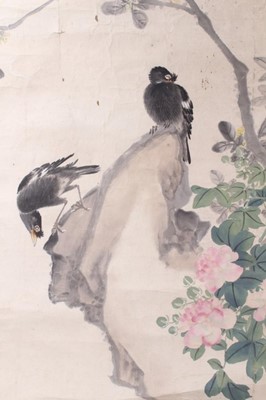 Lot 759 - Chinese scroll painting, depicting birds and blossom, signed, image 145 x 45, together with two further oriental scrolls