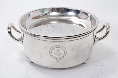 Lot 424 - Victorian silver chafing dish of circular form with twin moulded handles, and two removable silver plated dishes, raised on four bun feet, (Sheffield 1862), maker Henry Wilkinson & Co, 20ozs of wei...