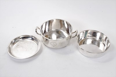 Lot 424 - Victorian silver chafing dish of circular form with twin moulded handles, and two removable silver plated dishes, raised on four bun feet, (Sheffield 1862), maker Henry Wilkinson & Co, 20ozs of wei...