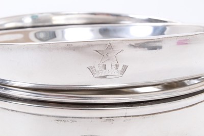 Lot 424 - Victorian silver chafing dish of circular form with twin moulded handles, and two removable silver plated dishes, raised on four bun feet, (Sheffield 1862), maker Henry Wilkinson & Co, 20ozs of wei...