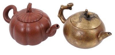 Lot 805 - Chinese red ware teapot, together with a brass teapot