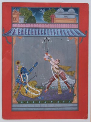 Lot 215 - 18th / 19th century Indian School gouache depiction of Vishnu and an attendant, 26 x 20cm, glazed frame