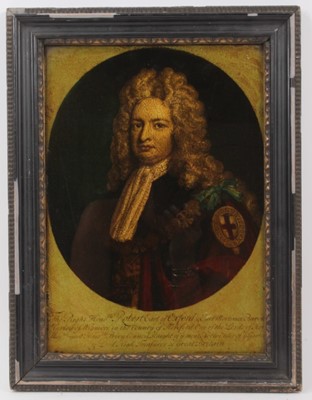 Lot 768 - Georgian style reverse print on glass, depicting Robert, Earl of Oxford, in ebonised frame, total size 43 x 33cm