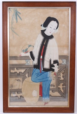 Lot 770 - Late 19th / early 20th century Chinese watercolour depiction of a courtesan, in glazed frame, total size 82 x 54cm