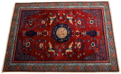 Lot 1469 - Fine quality antique Chinese Khotan carpet, with auspicious symbols on scarlet ground, within geometric borders, 264 x 185cm