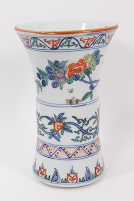Lot 943 - Chinese Gu vase, decorated in the Wucai style with bands of birds and flowers, six-character Wanli mark around rim, 24cm high