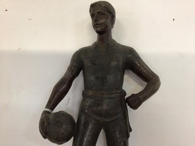 Lot 2499 - Early 20th century spelter figure of a football player, titled 'La Science', on turned plinth, togeathet with a spelter figure after Augusta Moreau of a female musician. (2)