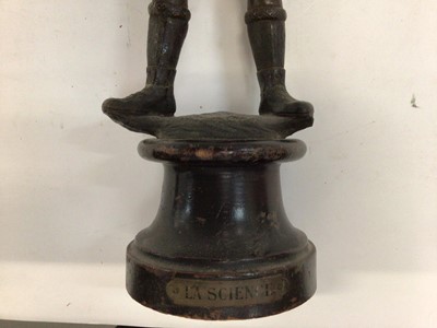 Lot 2499 - Early 20th century spelter figure of a football player, titled 'La Science', on turned plinth, togeathet with a spelter figure after Augusta Moreau of a female musician. (2)