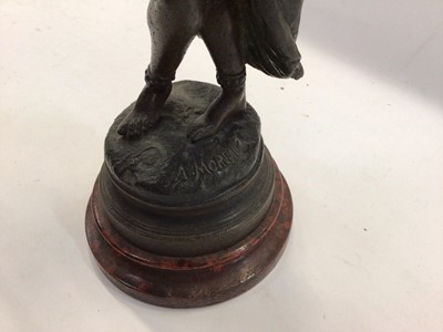 Lot 2499 - Early 20th century spelter figure of a football player, titled 'La Science', on turned plinth, togeathet with a spelter figure after Augusta Moreau of a female musician. (2)