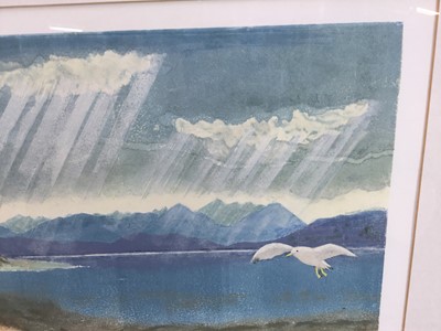 Lot 100 - Penny Berry Paterson (1941-2021) monoprint linocut - The Cuillins from Applecross, signed and numbered 1/1, 35cm x 27cm, in glazed frame.