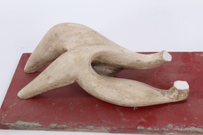 Lot 812 - Manner of Henry Moore, reclining figure (for restoration) plaster on wooden plinth, various printed labels to underside, 26cm long