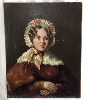 Lot 173 - English School, 19th century, oil on canvas - portrait of a lady in red dress and bonnet, 77cm x 61cm, unframed
