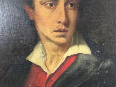 Lot 174 - English School, 19th century, oil on canvas - portrait of a Gentleman, possibly Lord Byron, 75cm x 59cm, unframed
