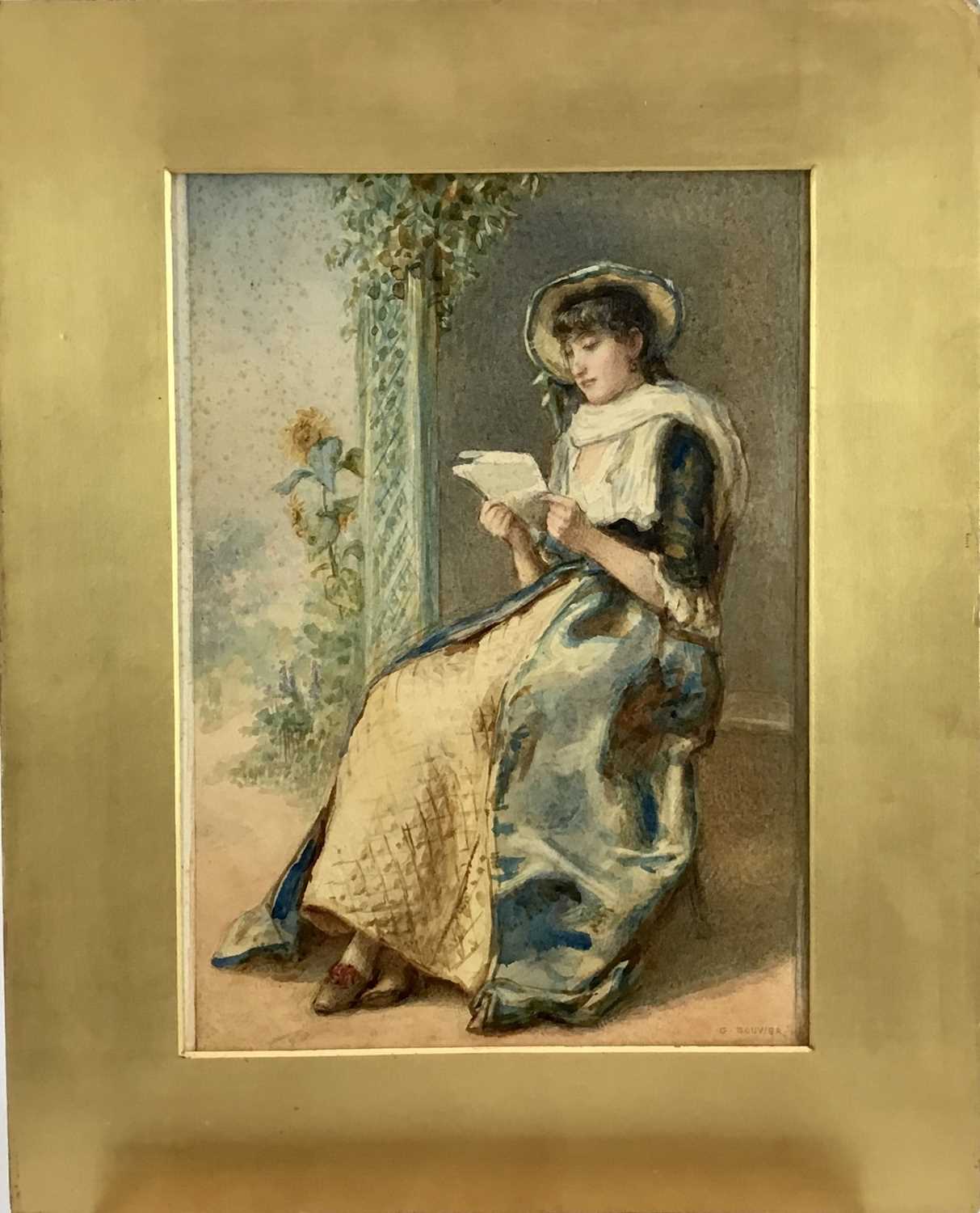 Lot 199 - Gustavus Arthur Bouvier (act.1839-1888) Victorian watercolour of a young lady reading a love letter in a garden with sunflowers beyond, original label to the board 'Celia's Arbour'