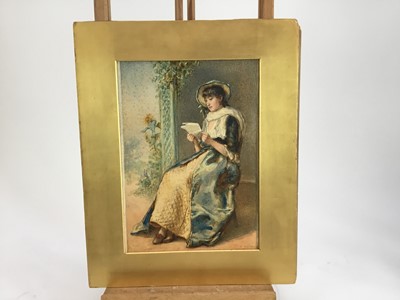 Lot 199 - Gustavus Arthur Bouvier (act.1839-1888) Victorian watercolour of a young lady reading a love letter in a garden with sunflowers beyond, original label to the board 'Celia's Arbour'