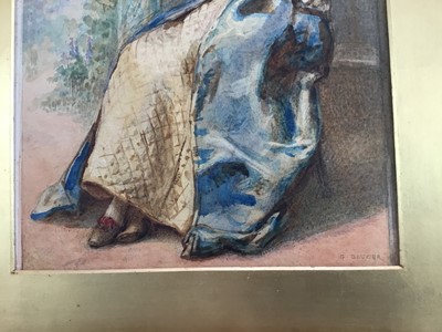 Lot 199 - Gustavus Arthur Bouvier (act.1839-1888) Victorian watercolour of a young lady reading a love letter in a garden with sunflowers beyond, original label to the board 'Celia's Arbour'