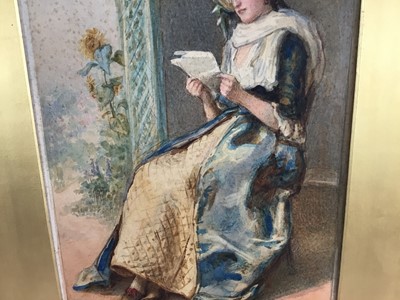 Lot 199 - Gustavus Arthur Bouvier (act.1839-1888) Victorian watercolour of a young lady reading a love letter in a garden with sunflowers beyond, original label to the board 'Celia's Arbour'