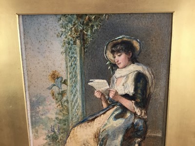 Lot 199 - Gustavus Arthur Bouvier (act.1839-1888) Victorian watercolour of a young lady reading a love letter in a garden with sunflowers beyond, original label to the board 'Celia's Arbour'