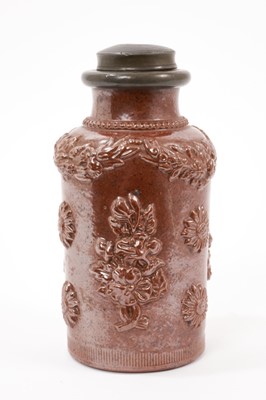 Lot 33 - Early 19th century salt glazed canister with pewter mounts
