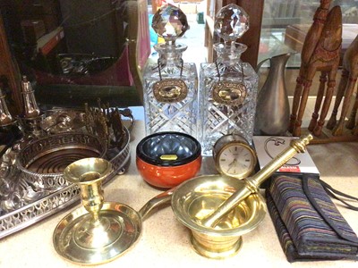 Lot 427 - Brass pestle and mortar, chamber stick, pair cut glass decanters, plated ware etc