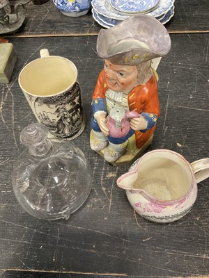 Lot 146 - Early 19th century pearl ware Toby jug, together with a Leeds type creamware tankard, a 19th century blown glass wasp catcher and a Sunderland lustre jug