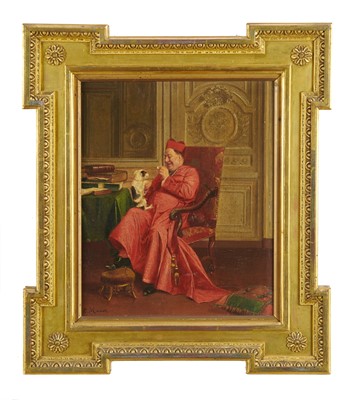 Lot 1205 - E. Maret, late 19th century, oil on panel - The Cardinal's Friend, signed, 27cm x 22cm, in decorative gilt frame