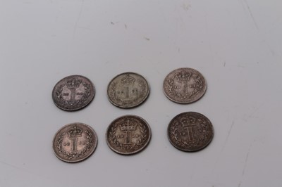 Lot 403 - G.B. - Mixed silver Maundy Pennie to include Victoria YH 1844 VF, 1854 VF, JH 1892 EF, OH 1899 AEF, George V 1923 EF & 1930 VF (6 coins)