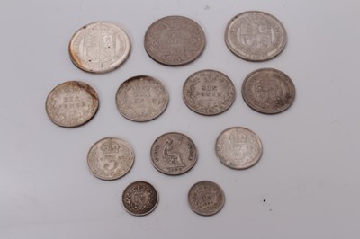 Lot 405 - G.B. - Mixed silver coinage to include William IV Shilling 1834 VF, Three Half Pence 1834 GVF, Victoria YH Six Pence 1887 EF, Three Half Pence 1838 GVF, JH Shillings 1887 EF, 1889 UNC, Six Pences J...