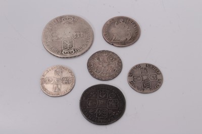 Lot 406 - G.B. - Mixed silver coins to include James II Half Crown 1688 poor-fair, Anne Six Pence 1711 G-VG, Charles II 1665 'Pattern' Farthing poor-fair, George II Shilling 1736 VG-AF, Six Pence's 1758/7 AE...